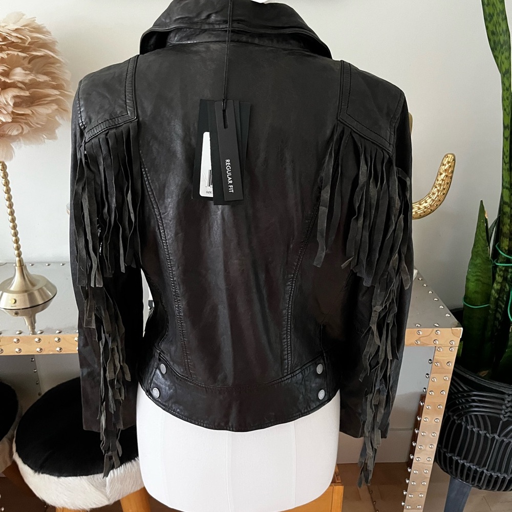 Mauritius (purchased online from Free People) Black Leather Zoey Fringe Jacket - Picture 6 of 14